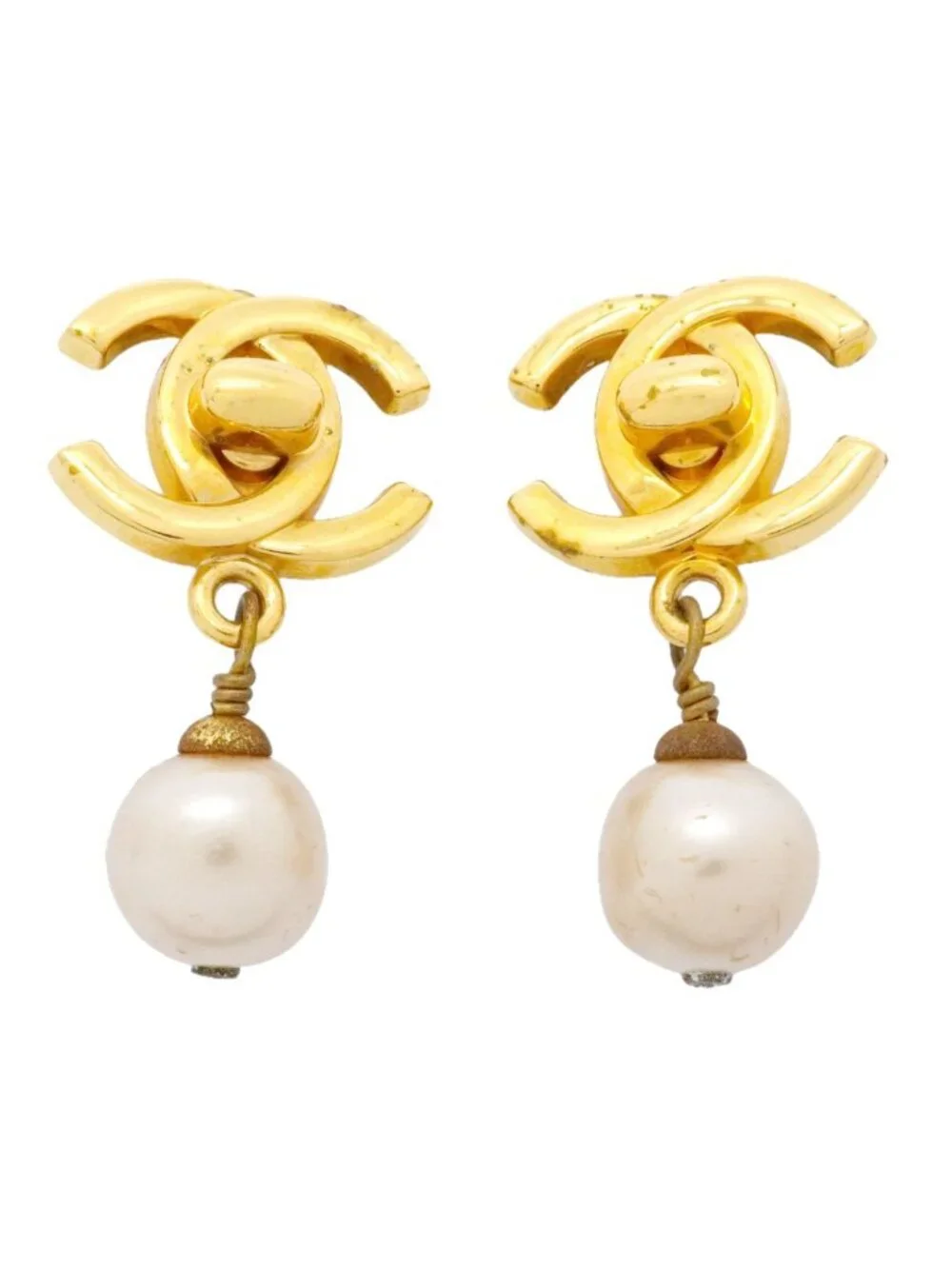 Chanel Earrings Vintage CC Logo Turnlock Gold Plated Faux Pearl